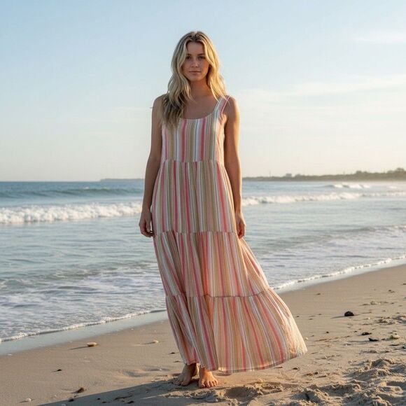 Linda Anderson Sun Dress Empire Waist Tiered Sz M Flowy Smocked Gauze Metallic - Picture 2 of 12